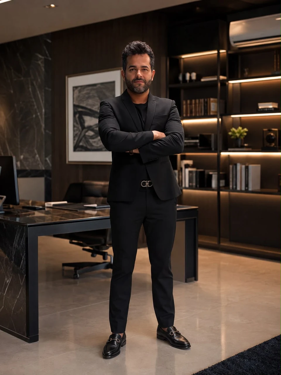 Tony Jr. em pé, vestido de preto, em seu escritório